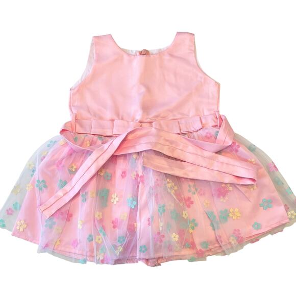 New Baby Girl Pink Party Dress w/ Colorful Floral Tulle Overlay & Bow Tie Back - Picture 1 of 6